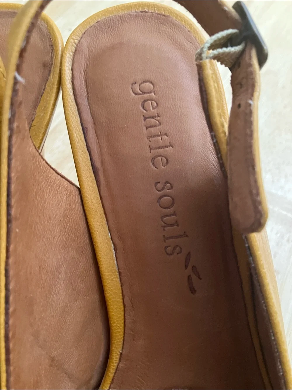 gentle souls Mustard Yellow Leather Slingback Peep-Toe Heels
